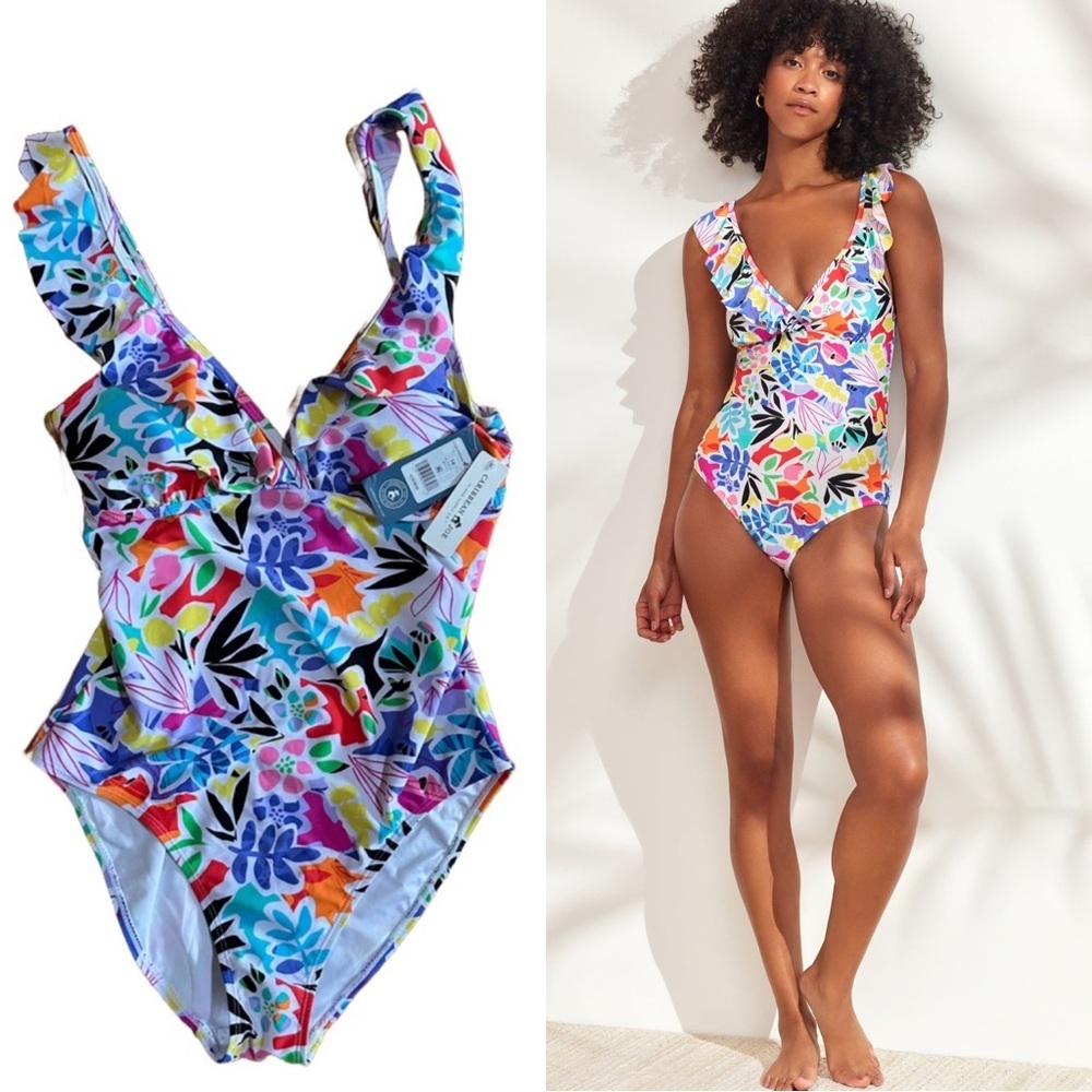 NWT Caribbean Joe Island Supply Co. Ruffle V-Neck One Piece Swimsuit, Size 14